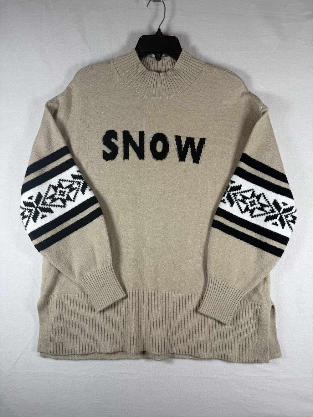 Loft Roomy Mock Turtleneck Sweater with Tan with "SNOW" Size XL